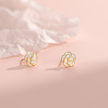 Load image into Gallery viewer, 925 Sterling Silver Plated Gold Simple and Elegant Enamel Camellia Imitation Pearl Stud Earrings