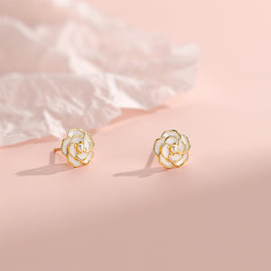 925 Sterling Silver Plated Gold Simple and Elegant Enamel Camellia Imitation Pearl Stud Earrings