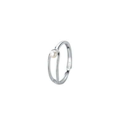 925 Sterling Silver Simple Personalized Hollow Oval Imitation Pearl Geometric Adjustable Ring