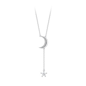 925 Sterling Silver Simple and Fashion Moon Tassel Star Pendant with Cubic Zirconia and Necklace