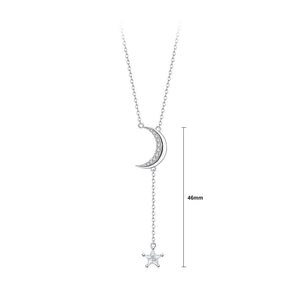 925 Sterling Silver Simple and Fashion Moon Tassel Star Pendant with Cubic Zirconia and Necklace