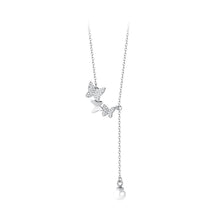 Load image into Gallery viewer, 925 Sterling Silver Fashion and Elegant Butterfly Imitation Pearl Tassel Pendant with Cubic Zirconia and Necklace