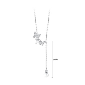 925 Sterling Silver Fashion and Elegant Butterfly Imitation Pearl Tassel Pendant with Cubic Zirconia and Necklace