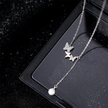 Load image into Gallery viewer, 925 Sterling Silver Fashion and Elegant Butterfly Imitation Pearl Tassel Pendant with Cubic Zirconia and Necklace