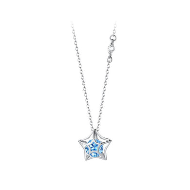 925 Sterling Silver Fashion Simple Hollow Star Pendant with Blue Cubic Zirconia and Necklace