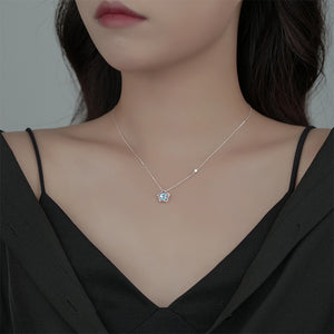 925 Sterling Silver Fashion Simple Hollow Star Pendant with Blue Cubic Zirconia and Necklace