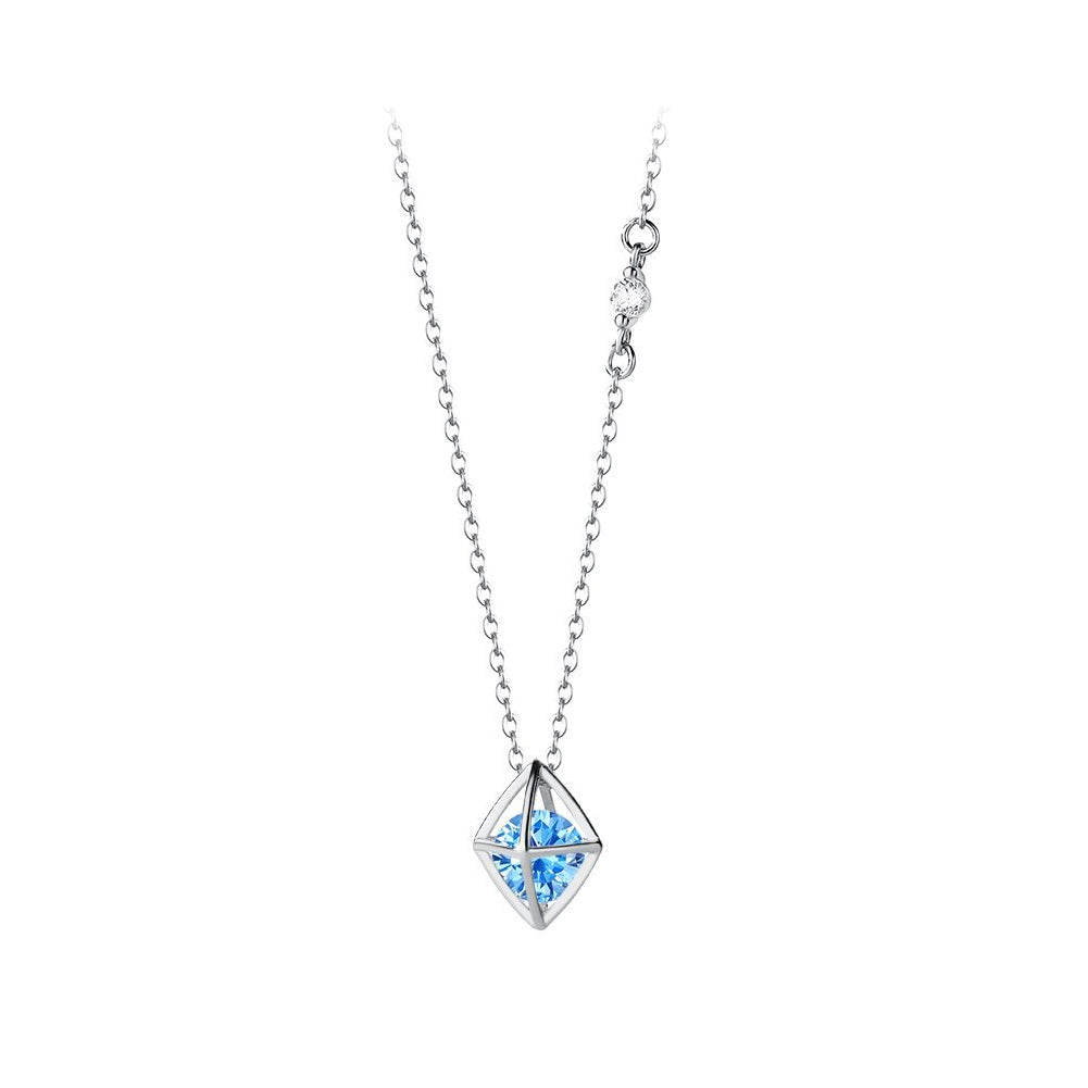 925 Sterling Silver Fashion Simple Hollow Diamond Pendant with Blue Cubic Zirconia and Necklace