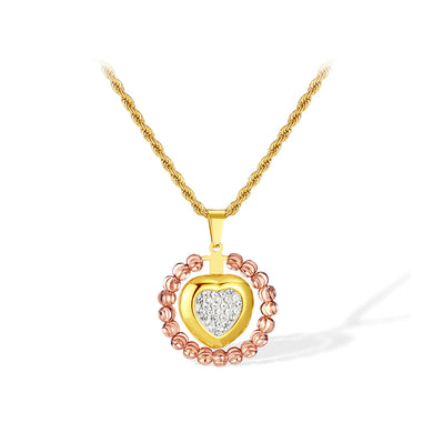 Fashion and Simple Plated Gold 316L Stainless Steel Heart-shaped Round Pendant with Cubic Zirconia and Necklace