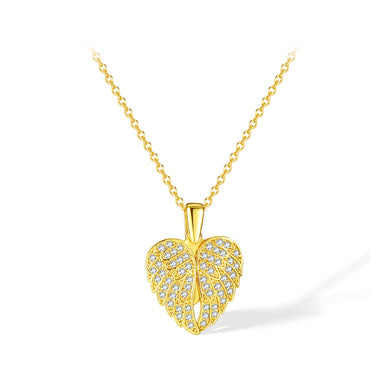 Simple Brilliant Plated Gold Heart-shaped Wings Pendant with Cubic Zirconia and 316L Stainless Steel Necklace