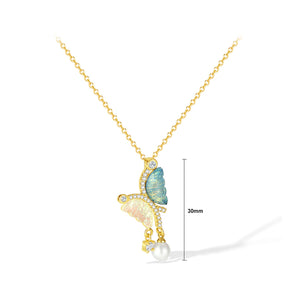 Fashion and Elegant Plated Gold Butterfly Imitation Pearl Pendant with Cubic Zirconia and 316L Stainless Steel Necklace