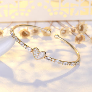 Fashion Simple Plated Gold Heart Shape Geometric Open Bangle with Cubic Zirconia