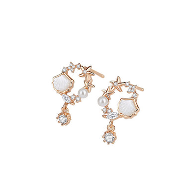 925 Sterling Silver Plated Rose Gold Fashion Simple Shell Starfish Tassel Earrings with Cubic Zirconia