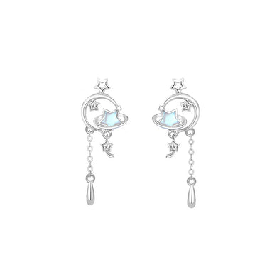 925 Sterling Silver Fashion Temperament Star and Moon Tassel Stud Earrings with Cubic Zirconia