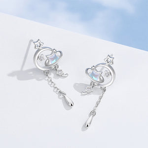925 Sterling Silver Fashion Temperament Star and Moon Tassel Stud Earrings with Cubic Zirconia