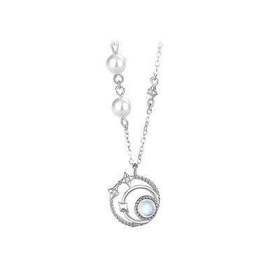 925 Sterling Silver Fashion Simple Star Circle Moonstone Pendant with Cubic Zirconia and Necklace