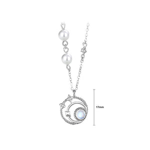 925 Sterling Silver Fashion Simple Star Circle Moonstone Pendant with Cubic Zirconia and Necklace