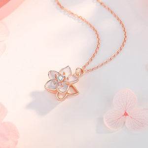 925 Sterling Silver Plated Rose Gold Fashion and Sweet Enamel Jasmine Pendant with Cubic Zirconia and Necklace