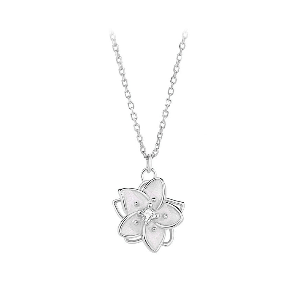 925 Sterling Silver Fashion and Sweet Enamel Jasmine Pendant with Cubic Zirconia and Necklace