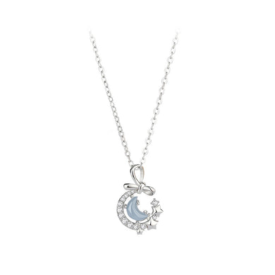 925 Sterling Silver Fashion Temperament Ribbon Moon Star Pendant with Cubic Zirconia and Necklace