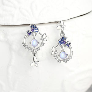 925 Sterling Silver Fashion Simple Enamel Ginkgo Leaf Butterfly Tassel Moonstone Earrings with Cubic Zirconia