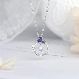 925 Sterling Silver Fashion Simple Enamel Ginkgo Leaf Butterfly Moonstone Pendant with Cubic Zirconia and Necklace