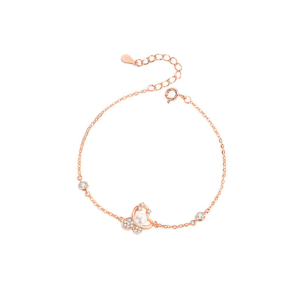 925 Sterling Silver Plated Rose Gold Simple Sweet Butterfly Imitation Pearl Bracelet with Cubic Zirconia