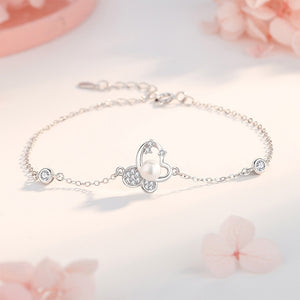 925 Sterling Silver Simple Sweet Butterfly Imitation Pearl Bracelet with Cubic Zirconia