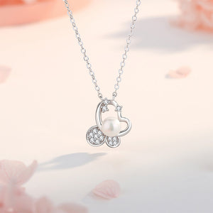 925 Sterling Silver Simple Sweet Butterfly Imitation Pearl Pendant with Cubic Zirconia and Necklace