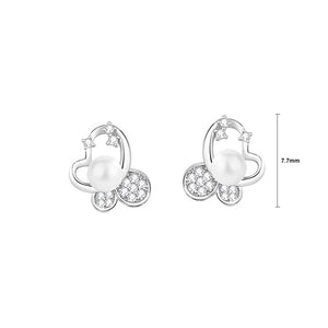 925 Sterling Silver Simple Sweet Butterfly Imitation Pearl Stud Earrings with Cubic Zirconia
