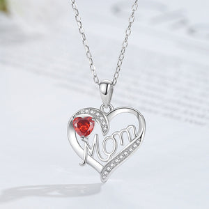 925 Sterling Silver Fashion and Elegant Mom Double Heart Pendant with Red Cubic Zirconia and Necklace