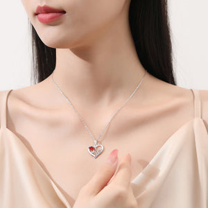 925 Sterling Silver Fashion and Elegant Mom Double Heart Pendant with Red Cubic Zirconia and Necklace