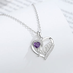 925 Sterling Silver Fashion and Elegant Mom Double Heart Pendant with Purple Cubic Zirconia and Necklace