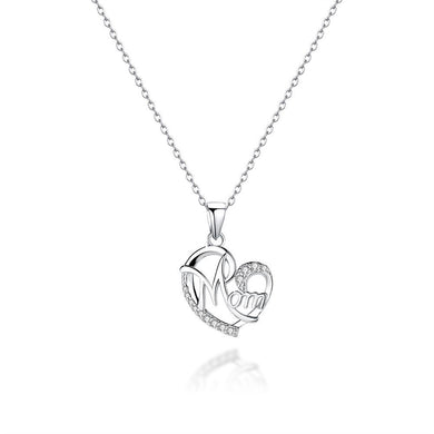 925 Sterling Silver Fashion and Elegant Mom Heart-shaped Pendant with Cubic Zirconia and Necklace