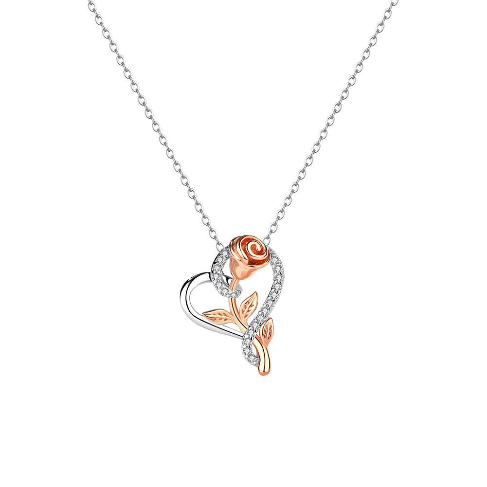 925 Sterling Silver Fashion and Elegant Rose Heart-shaped Pendant with Cubic Zirconia and Necklace