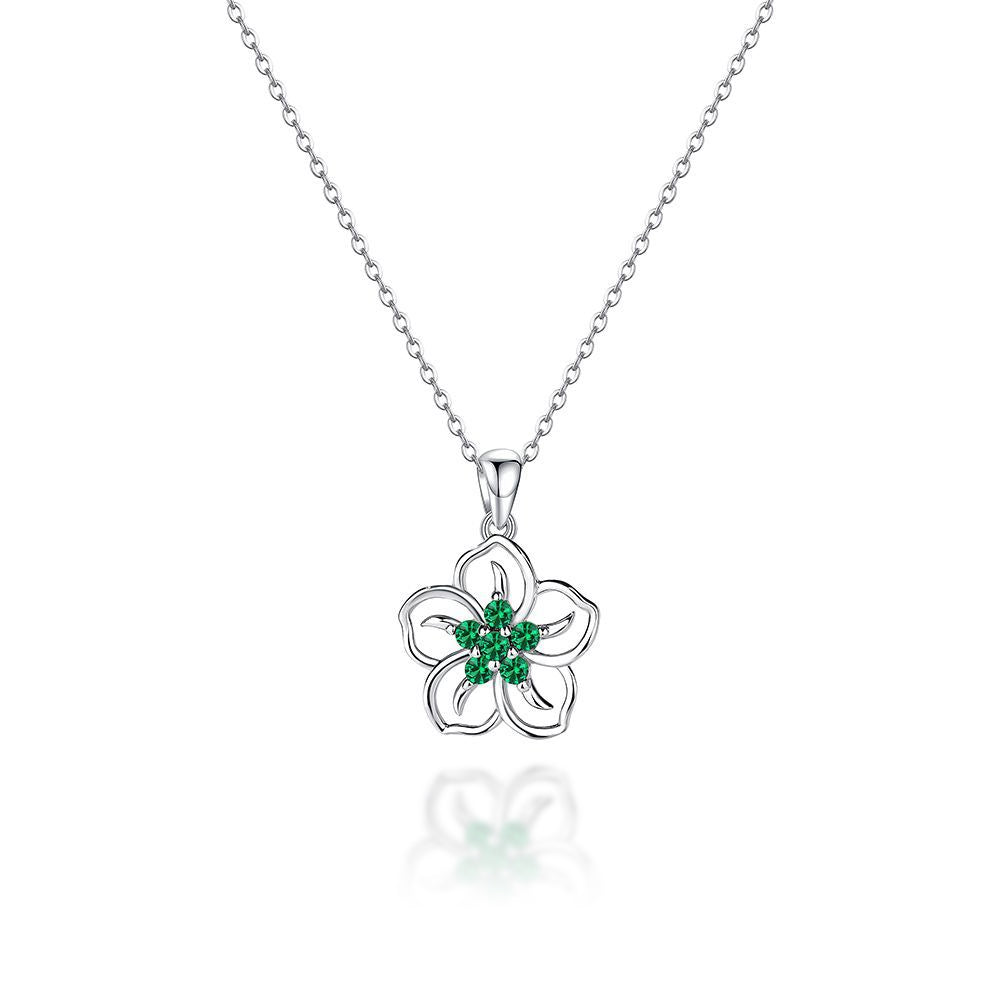 925 Sterling Silver Fashion and Elegant Hollow Flower Pendant with Green Cubic Zirconia and Necklace