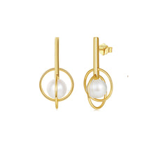 Load image into Gallery viewer, 925 Sterling Silver Plated Gold Fashion and Personality Hollow Geometric Freshwater Pearl Earrings