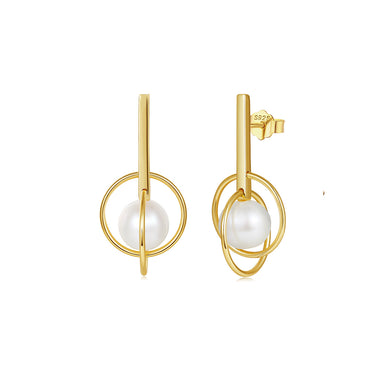 925 Sterling Silver Plated Gold Fashion and Personality Hollow Geometric Freshwater Pearl Earrings