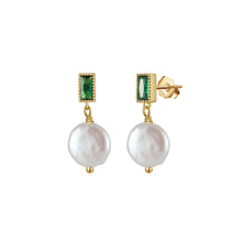 Load image into Gallery viewer, 925 Sterling Silver Plated Gold Fashion and Elegant Freshwater Pearl Earrings with Green Cubic Zirconia