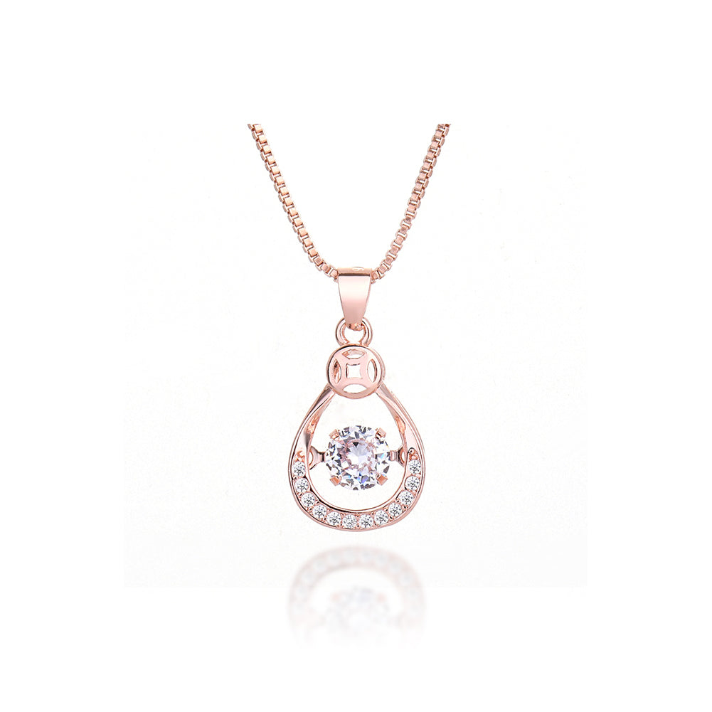 Fashion and Elegant Plated Rose Gold Water Drop Pendant with Cubic Zirconia and Necklace