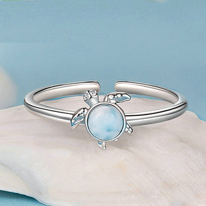 925 Sterling Silver Simple Lovely Turtle Larimar Adjustable Open Ring with Cubic Zirconia