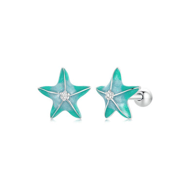 925 Sterling Silver Fashion Designed Green Starfish Enamel Earrings