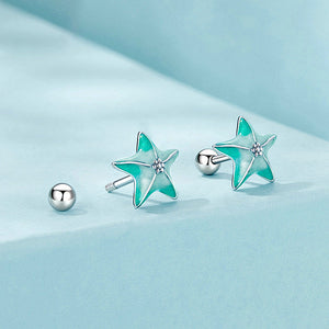 925 Sterling Silver Fashion Designed Green Starfish Enamel Earrings