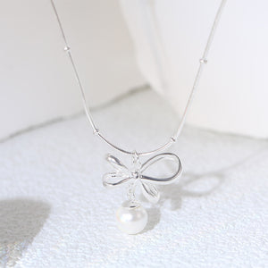 925 Sterling Silver Simple Sweet Ribbon Imitation Pearl Pendant with Necklace