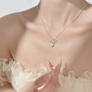 925 Sterling Silver Simple Sweet Ribbon Imitation Pearl Pendant with Necklace