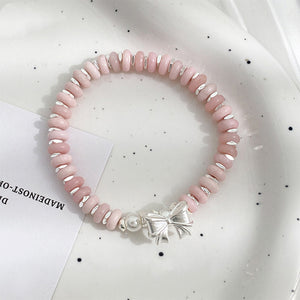 925 Sterling Silver Fashion Sweet Ribbon Pink Beaded Bracelet