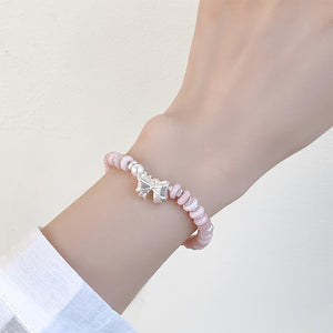 925 Sterling Silver Fashion Sweet Ribbon Pink Beaded Bracelet