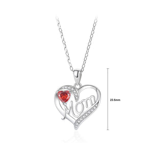 925 Sterling Silver Fashion Romantic MOM Heart Pendant with Red Cubic Zirconia and Necklace