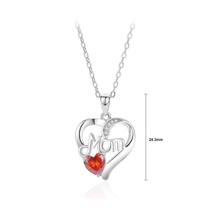925 Sterling Silver Fashion Temperament MOM Heart Pendant with Red Cubic Zirconia and Necklace