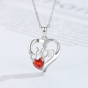 925 Sterling Silver Fashion Temperament MOM Heart Pendant with Red Cubic Zirconia and Necklace