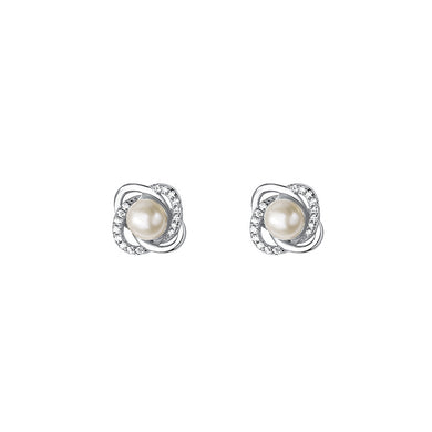 925 Sterling Silver Simple Elegant Flower Imitation Pearl Stud Earrings with Cubic Zirconia